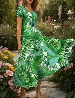 Women's Maxi Dress Casual Dress A Line Dress Summer Dress Vacation Vintage Ethnic Regular Fit Graphic Leaf Short Sleeve Square Neck Green Summer Spring