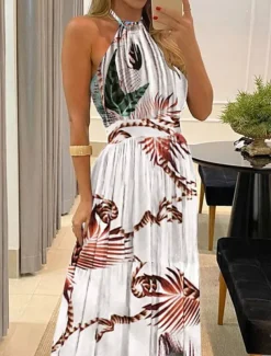 Women's Maxi Dress Casual Dress Corset Dress A Line Dress Slip Dress Stylish Casual Vacation Daily Regular Fit Floral Leopard Polka Dot Sleeveless Halter Neck Dark Brown Black Yellow Brown Summer