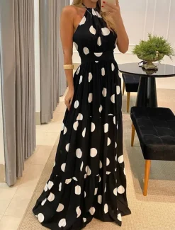 Women's Maxi Dress Casual Dress Corset Dress A Line Dress Slip Dress Stylish Casual Vacation Daily Regular Fit Floral Leopard Polka Dot Sleeveless Halter Neck Dark Brown Black Yellow Brown Summer