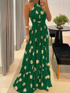 Women's Maxi Dress Casual Dress Corset Dress A Line Dress Slip Dress Stylish Casual Vacation Daily Regular Fit Floral Leopard Polka Dot Sleeveless Halter Neck Dark Brown Black Yellow Brown Summer