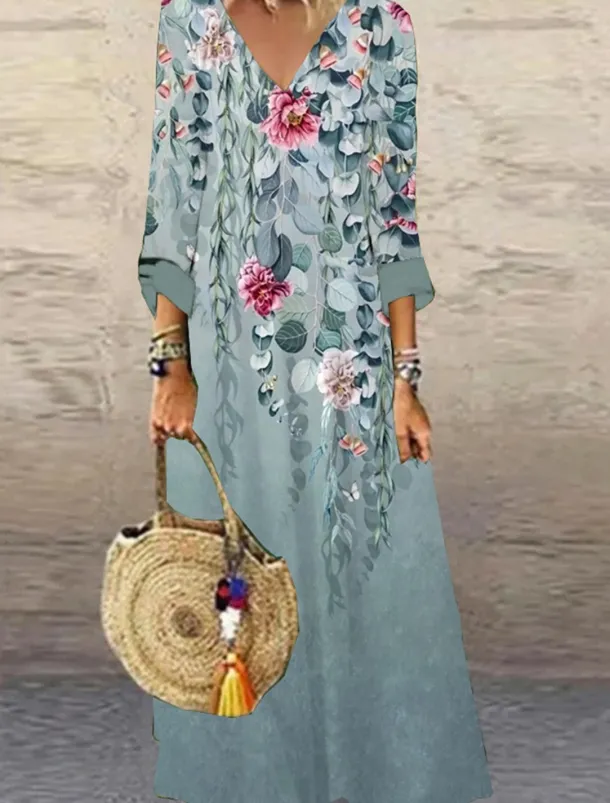 Women's Maxi Dress Casual Dress Floral Print V Neck Casual Daily Vacation 3/4 Length Sleeve Summer Spring