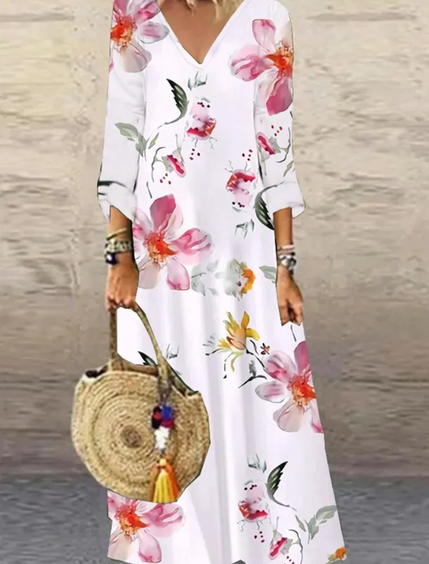 Women's Maxi Dress Casual Dress Floral Print V Neck Casual Daily Vacation 3/4 Length Sleeve Summer Spring