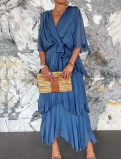 Women's Maxi Dress Cocktail Dress Wedding Guest Dress Chiffon Dress Plain Dress Elegant Formal Party Wedding Guest Regular Fit Half Sleeve V Neck Pink Navy Blue Blue Fuchsia Summer Fall