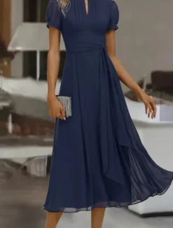 Women's Maxi Dress Cocktail Dress Wedding Guest Dress Chiffon Dress Plain Dress Elegant Formal Wedding Guest Cocktail Party Regular Fit Short Sleeve V Neck Blue Summer