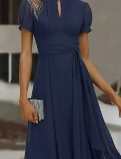 Women's Maxi Dress Cocktail Dress Wedding Guest Dress Chiffon Dress Plain Dress Elegant Formal Wedding Guest Cocktail Party Regular Fit Short Sleeve V Neck Blue Summer