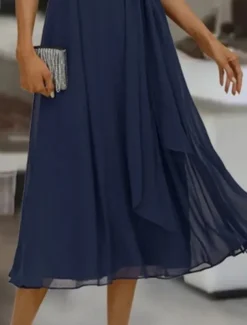 Women's Maxi Dress Cocktail Dress Wedding Guest Dress Chiffon Dress Plain Dress Elegant Formal Wedding Guest Cocktail Party Regular Fit Short Sleeve V Neck Blue Summer