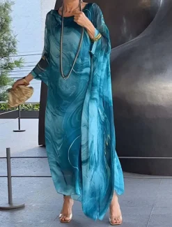 Women's Maxi Dress Cocktail Dress Wedding Guest Dress Chiffon Dress Elegant Casual Vacation Daily Date Loose Fit Ombre Long Sleeve Crew Neck Light Yellow Blue Gray Spring Fall
