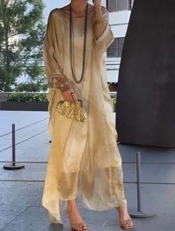 Women's Maxi Dress Cocktail Dress Wedding Guest Dress Chiffon Dress Elegant Casual Vacation Daily Date Loose Fit Ombre Long Sleeve Crew Neck Light Yellow Blue Gray Spring Fall