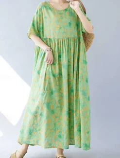Women's Maxi Dress Cotton Linen Dresses Casual Dress Swing Dress Cotton Maxi Dress Basic Casual Vacation Daily Regular Fit Floral Short Sleeve Crew Neck Green Summer