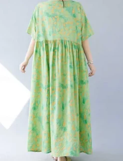 Women's Maxi Dress Cotton Linen Dresses Casual Dress Swing Dress Cotton Maxi Dress Basic Casual Vacation Daily Regular Fit Floral Short Sleeve Crew Neck Green Summer