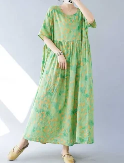Women's Maxi Dress Cotton Linen Dresses Casual Dress Swing Dress Cotton Maxi Dress Basic Casual Vacation Daily Regular Fit Floral Short Sleeve Crew Neck Green Summer