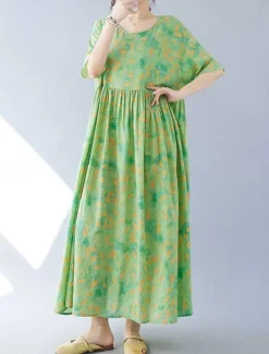 Women's Maxi Dress Cotton Linen Dresses Casual Dress Swing Dress Cotton Maxi Dress Basic Casual Vacation Daily Regular Fit Floral Short Sleeve Crew Neck Green Summer