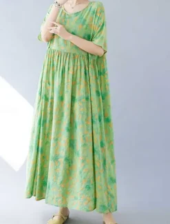 Women's Maxi Dress Cotton Linen Dresses Casual Dress Swing Dress Cotton Maxi Dress Basic Casual Vacation Daily Regular Fit Floral Short Sleeve Crew Neck Green Summer