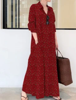 Women's Maxi Dress Cotton Linen Dresses Shirt Dress Elegant Vintage Stylish Vacation Party Daily Loose Fit Graphic Long Sleeve Shirt Collar Wine Royal Blue Green Spring Fall Winter