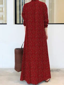 Women's Maxi Dress Cotton Linen Dresses Shirt Dress Elegant Vintage Stylish Vacation Party Daily Loose Fit Graphic Long Sleeve Shirt Collar Wine Royal Blue Green Spring Fall Winter