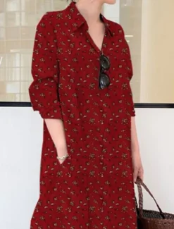 Women's Maxi Dress Cotton Linen Dresses Shirt Dress Elegant Vintage Stylish Vacation Party Daily Loose Fit Graphic Long Sleeve Shirt Collar Wine Royal Blue Green Spring Fall Winter