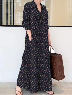 Women's Maxi Dress Cotton Linen Dresses Shirt Dress Elegant Vintage Stylish Vacation Party Daily Loose Fit Graphic Long Sleeve Shirt Collar Wine Royal Blue Green Spring Fall Winter