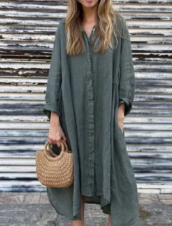 Women's Maxi Dress Cotton Linen Dresses Shirt Dress Casual Dress Cotton Maxi Dress Basic Casual Vacation Daily Regular Fit Plain Long Sleeve Shirt Collar Dark Green Apricot Gray Summer