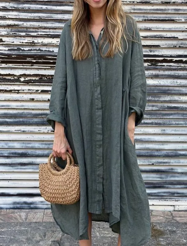 Women's Maxi Dress Cotton Linen Dresses Shirt Dress Casual Dress Cotton Maxi Dress Basic Casual Vacation Daily Regular Fit Plain Long Sleeve Shirt Collar Dark Green Apricot Gray Summer