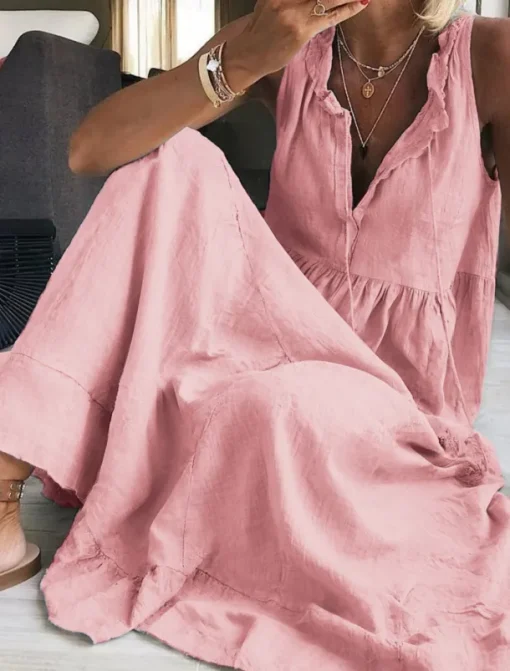 Women's Maxi Dress Cotton Linen Dresses Basic Casual Vacation Daily Regular Fit Plain Sleeveless V Neck Pink Light Blue Summer