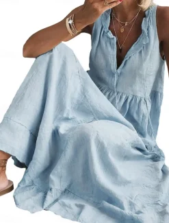 Women's Maxi Dress Cotton Linen Dresses Basic Casual Vacation Daily Regular Fit Plain Sleeveless V Neck Pink Light Blue Summer