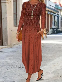 Women's Maxi Dress Ethnic Dress Print Dress Spring Dress Vintage Ethnic Tribal Outdoor Vacation Daily Regular Fit Floral Tribal Long Sleeve Crew Neck White Yellow Wine Blue Summer Spring Fall