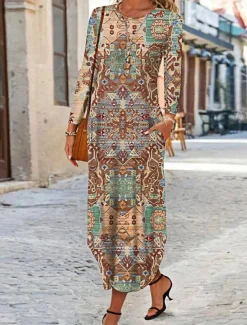Women's Maxi Dress Ethnic Dress Print Dress Spring Dress Vintage Ethnic Tribal Outdoor Vacation Daily Regular Fit Floral Tribal Long Sleeve Crew Neck White Yellow Wine Blue Summer Spring Fall