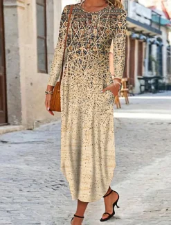 Women's Maxi Dress Ethnic Dress Print Dress Spring Dress Vintage Ethnic Tribal Outdoor Vacation Daily Regular Fit Floral Tribal Long Sleeve Crew Neck White Yellow Wine Blue Summer Spring Fall