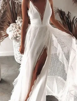 Women's Maxi Dress Graduation Dress Casual Dress A Line Dress Summer Dress Stylish Sexy Vacation Daily Date Regular Fit Plain Sleeveless V Neck White Summer