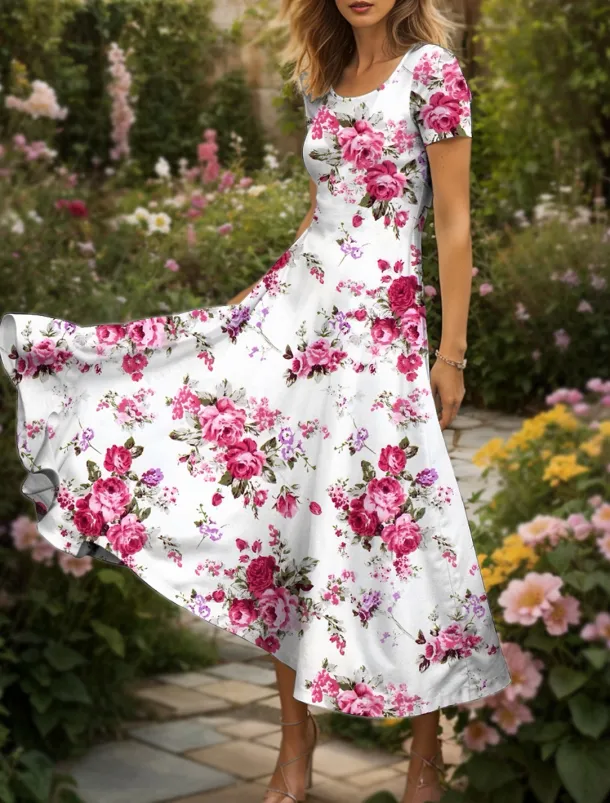 Women's Maxi Dress Knit Dress Casual Dress A Line Dress Summer Dress Elegant Vacation Casual Regular Fit Floral Graphic Short Sleeve Square Neck Scoop Neck Black Yellow Red Blue Summer Spring