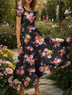 Women's Maxi Dress Knit Dress Casual Dress A Line Dress Summer Dress Elegant Vacation Casual Regular Fit Floral Graphic Short Sleeve Square Neck Scoop Neck Black Yellow Red Blue Summer Spring
