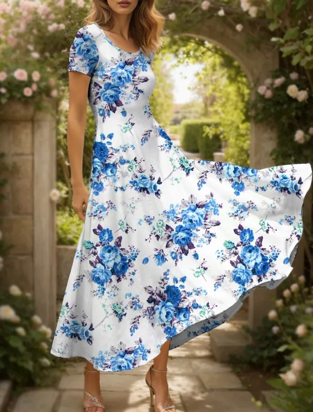 Women's Maxi Dress Knit Dress Casual Dress A Line Dress Summer Dress Elegant Vacation Casual Regular Fit Floral Graphic Short Sleeve Square Neck Scoop Neck Black Yellow Red Blue Summer Spring