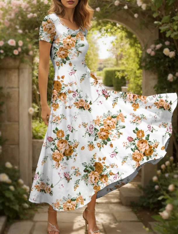 Women's Maxi Dress Knit Dress Casual Dress A Line Dress Summer Dress Elegant Vacation Casual Regular Fit Floral Graphic Short Sleeve Square Neck Scoop Neck Black Yellow Red Blue Summer Spring