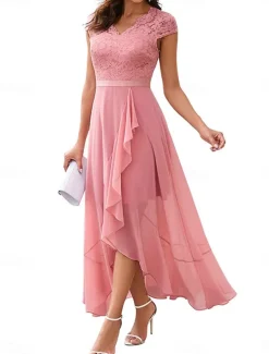 Women's Maxi Dress Lace Dress Cocktail Dress Wedding Guest Dress Chiffon Dress Elegant Formal Wedding Guest Cocktail Party Regular Fit Sleeveless V Neck Black Pink Wine Navy Blue Summer