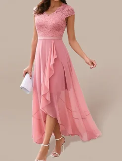Women's Maxi Dress Lace Dress Cocktail Dress Wedding Guest Dress Chiffon Dress Elegant Formal Wedding Guest Cocktail Party Regular Fit Sleeveless V Neck Black Pink Wine Navy Blue Summer