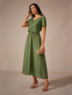 Women's Maxi Dress Lace Dress Wedding Guest Dress Semi Formal Dress A Line Dress Elegant Wedding Guest Cocktail Party Regular Fit Solid Color Short Sleeve V Neck Olive Summer Spring