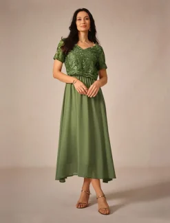 Women's Maxi Dress Lace Dress Wedding Guest Dress Semi Formal Dress A Line Dress Elegant Wedding Guest Cocktail Party Regular Fit Solid Color Short Sleeve V Neck Olive Summer Spring