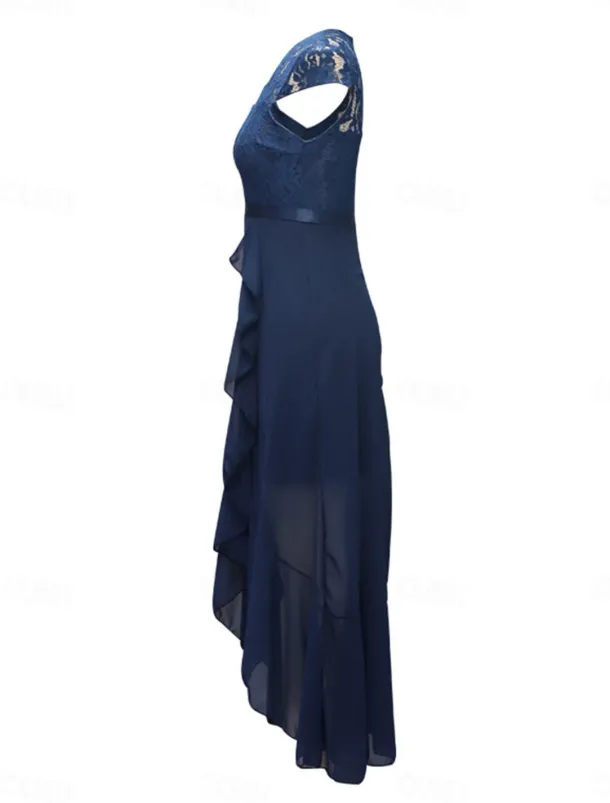 Women's Maxi Dress Lace Dress Cocktail Dress Wedding Guest Dress Chiffon Dress Elegant Formal Wedding Guest Cocktail Party Regular Fit Short Sleeve V Neck Black Pink Red Navy Blue Summer