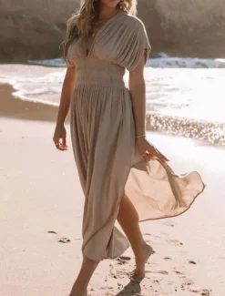 Women's Maxi Dress Linen-Inspired Dresses Casual Dress Plain Dress Casual Sports & Outdoor Street Regular Fit Plain Half Sleeve V Neck Wine Orange Apricot Summer Spring Fall