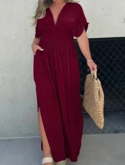 Women's Maxi Dress Linen-Inspired Dresses Casual Dress Plain Dress Casual Sports & Outdoor Street Regular Fit Plain Half Sleeve V Neck Wine Orange Apricot Summer Spring Fall