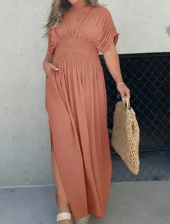 Women's Maxi Dress Linen-Inspired Dresses Casual Dress Plain Dress Casual Sports & Outdoor Street Regular Fit Plain Half Sleeve V Neck Wine Orange Apricot Summer Spring Fall