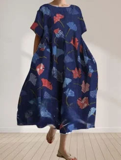 Women's Maxi Dress Linen-Inspired Dresses Casual Dress Swing Dress Casual Daily Regular Fit Floral Long Sleeve Crew Neck Navy Blue Blue Green Spring Fall