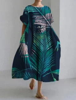Women's Maxi Dress Linen-Inspired Dresses Casual Dress Swing Dress Casual Daily Regular Fit Floral Long Sleeve Crew Neck Navy Blue Blue Green Spring Fall