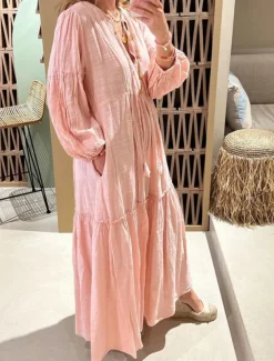 Women's Maxi Dress Linen-Inspired Dresses Casual Dress Swing Dress Plain Dress Casual Sports & Outdoor Street Regular Fit Plain Long Sleeve V Neck Pink Spring Fall