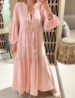 Women's Maxi Dress Linen-Inspired Dresses Casual Dress Swing Dress Plain Dress Casual Sports & Outdoor Street Regular Fit Plain Long Sleeve V Neck Pink Spring Fall