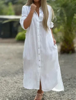 Women's Maxi Dress Linen-Inspired Dresses Elegant Vintage Stylish Vacation Daily Date Loose Fit Plain Long Sleeve Shirt Collar White Orange Spring Fall