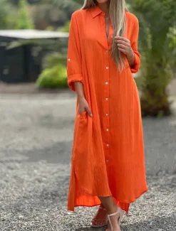 Women's Maxi Dress Linen-Inspired Dresses Elegant Vintage Stylish Vacation Daily Date Loose Fit Plain Long Sleeve Shirt Collar White Orange Spring Fall