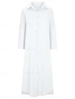 Women's Maxi Dress Linen-Inspired Dresses Elegant Vintage Stylish Vacation Daily Date Loose Fit Plain Long Sleeve Shirt Collar White Orange Spring Fall