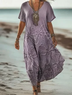Women's Maxi Dress Paisley Dress Casual Dress Long Sleeve Boho Dress A Line Dress Bohemia Vacation Vintage Vacation Daily Regular Fit Floral Short Sleeve V Neck Pink Navy Blue Blue Light Purple