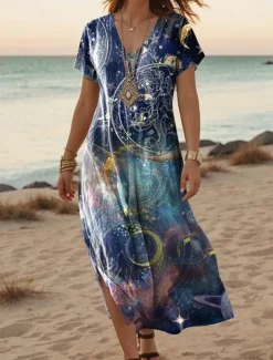 Women's Maxi Dress Paisley Dress Casual Dress Long Sleeve Boho Dress A Line Dress Bohemia Vacation Vintage Vacation Daily Regular Fit Floral Short Sleeve V Neck Pink Navy Blue Blue Light Purple